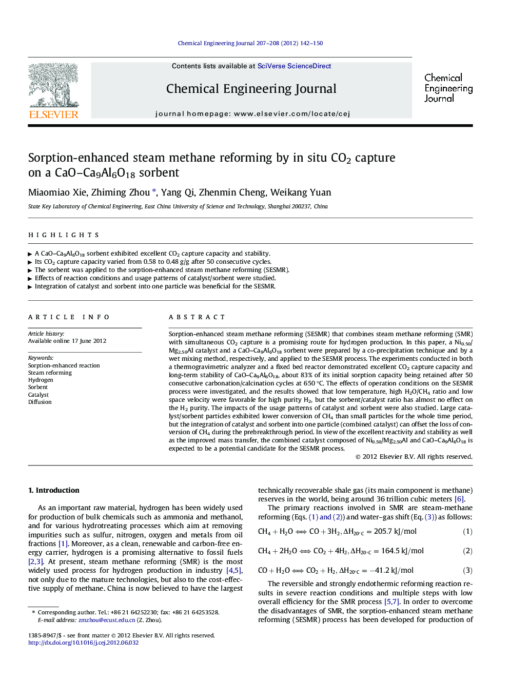 Sorption-enhanced steam methane reforming by in situ CO2 capture on a CaO–Ca9Al6O18 sorbent