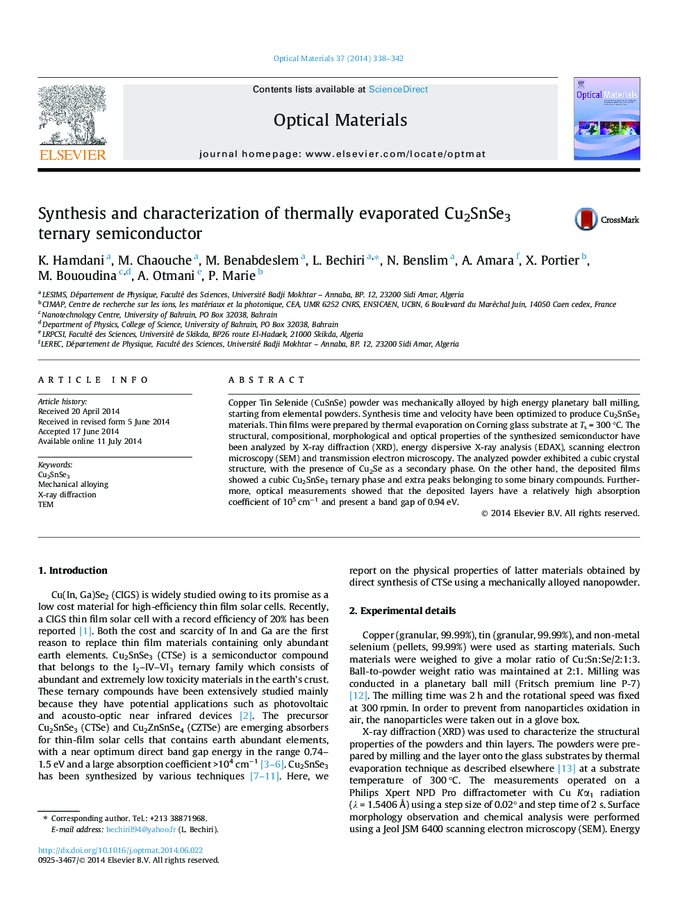 Synthesis and characterization of thermally evaporated Cu2SnSe3 ternary semiconductor