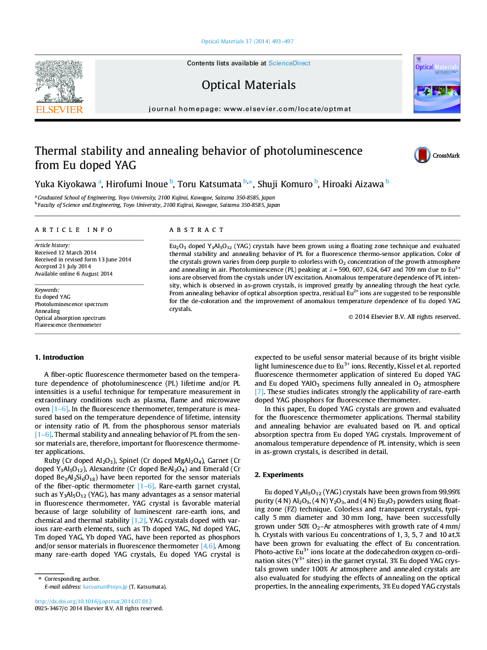 Thermal stability and annealing behavior of photoluminescence from Eu doped YAG