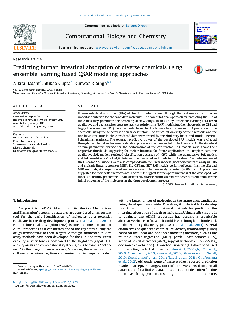 Predicting human intestinal absorption of diverse chemicals using ensemble learning based QSAR modeling approaches