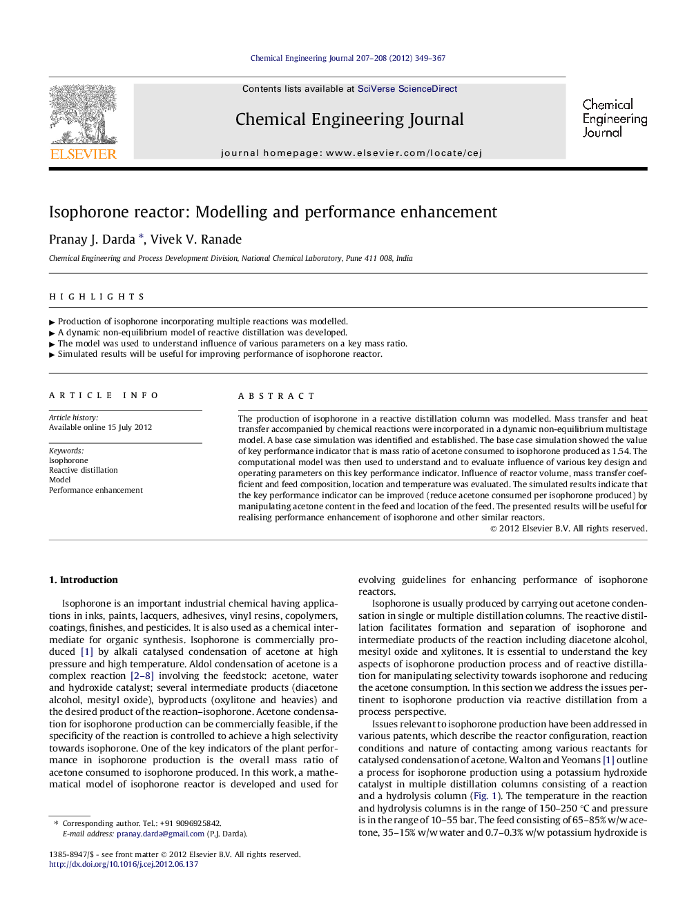 Isophorone reactor: Modelling and performance enhancement