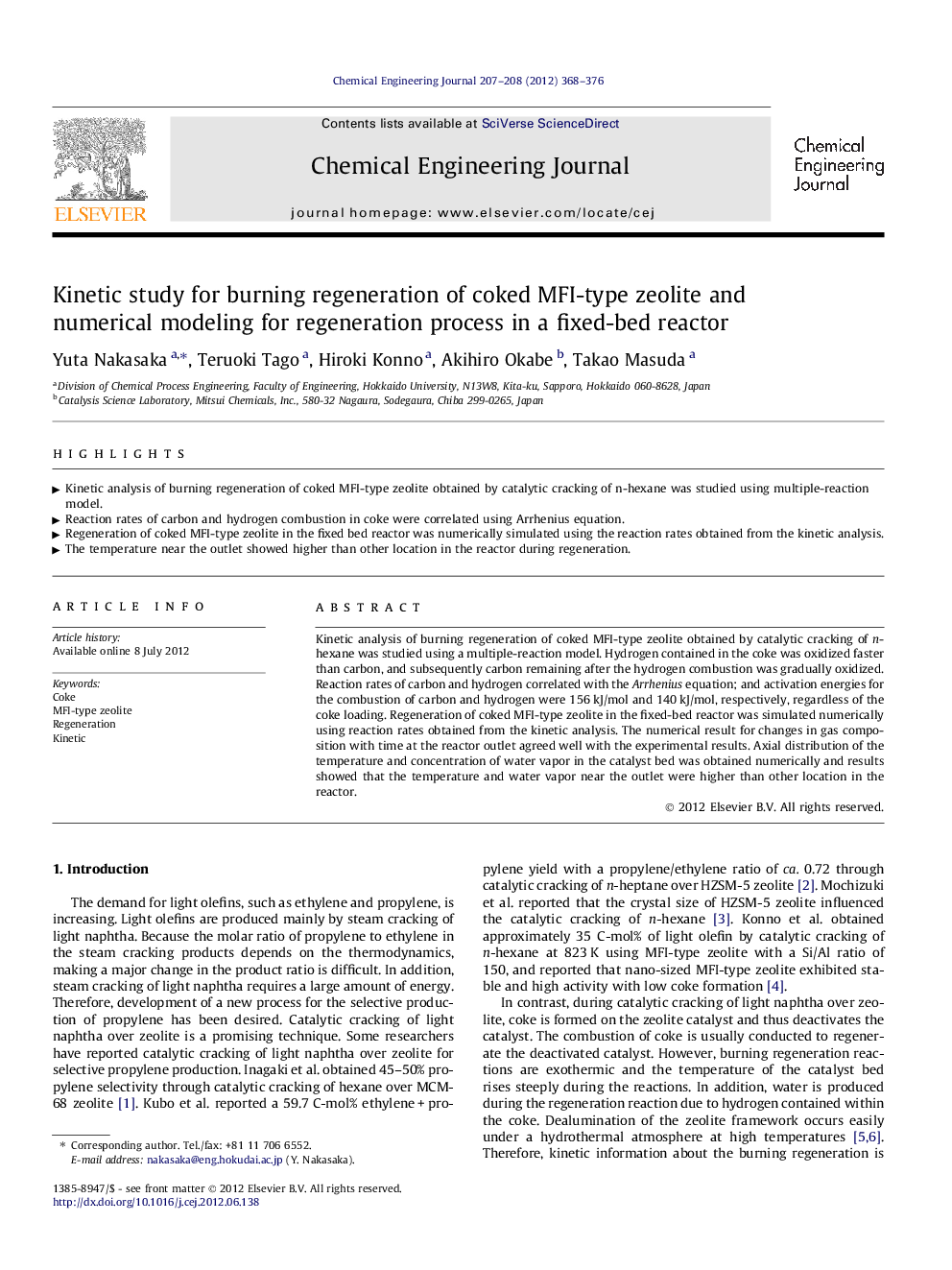 Kinetic study for burning regeneration of coked MFI-type zeolite and numerical modeling for regeneration process in a fixed-bed reactor