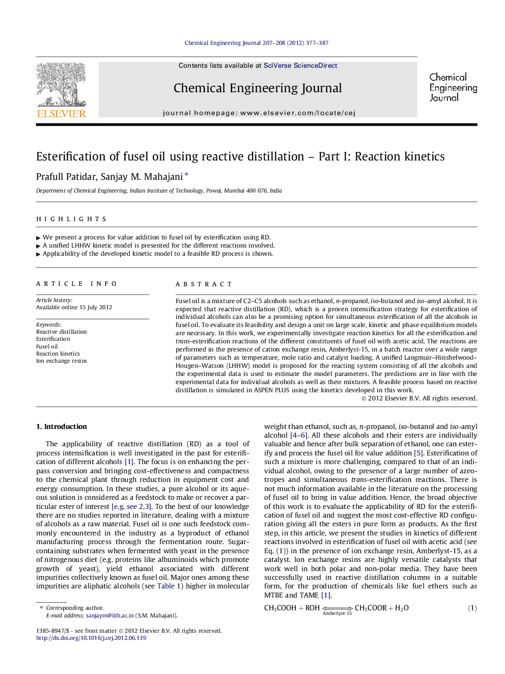 عکس صفحه اول مقاله: Esterification of fusel oil using reactive distillation – Part I: Reaction kinetics Esterification of fusel oil using reactive distillation – Part I: Reaction kinetics