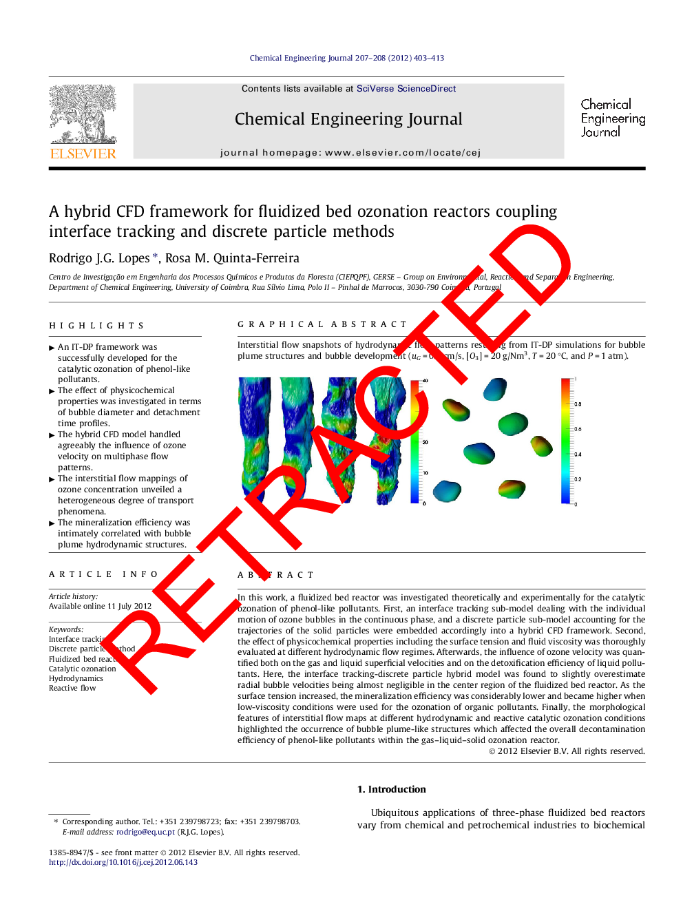 عکس صفحه اول مقاله: RETRACTED: A hybrid CFD framework for fluidized bed ozonation reactors coupling interface tracking and discrete particle methods RETRACTED: A hybrid CFD framework for fluidized bed ozonation reactors coupling interface tracking and discrete particle methods