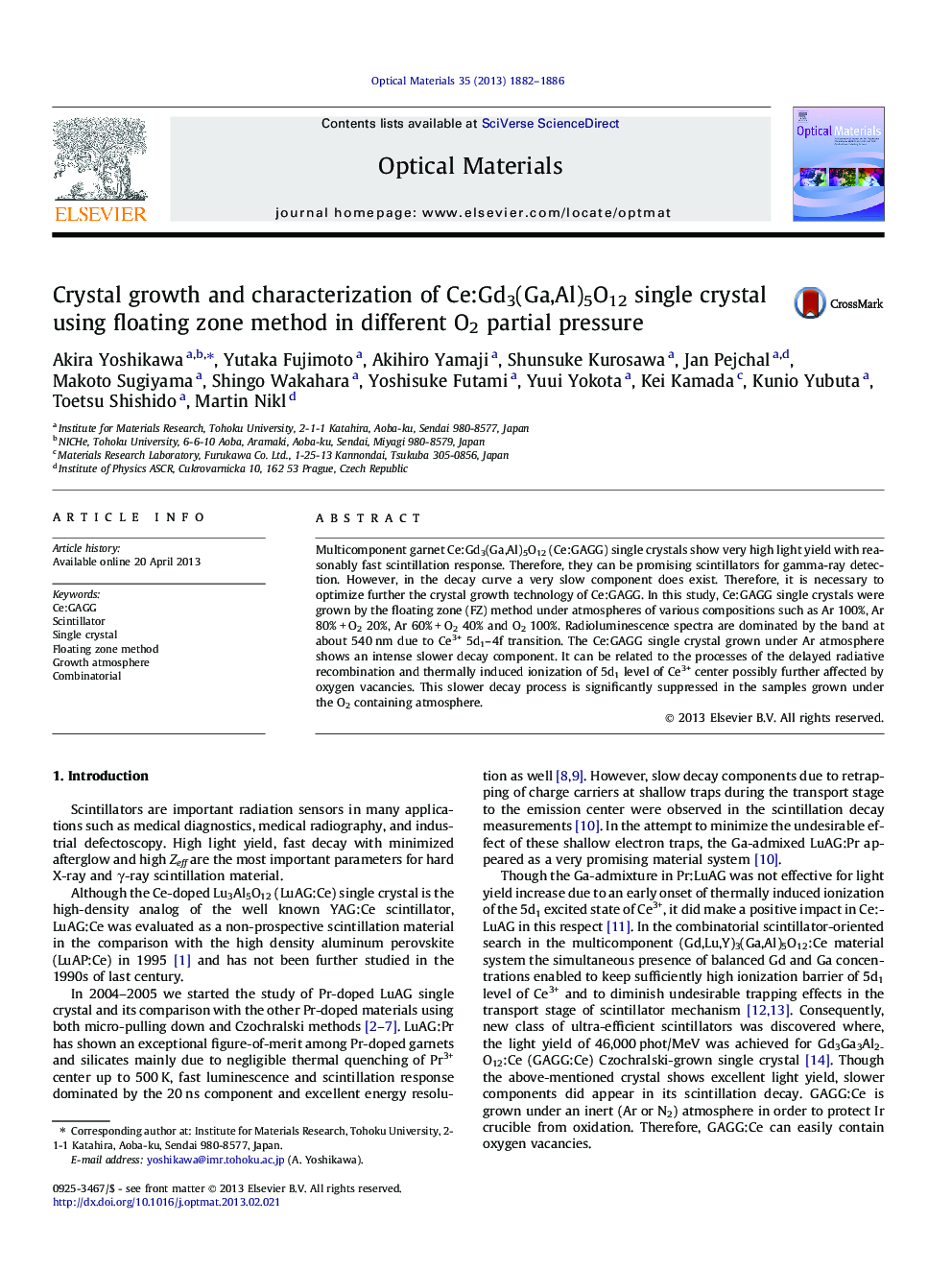 Crystal growth and characterization of Ce:Gd3(Ga,Al)5O12 single crystal using floating zone method in different O2 partial pressure