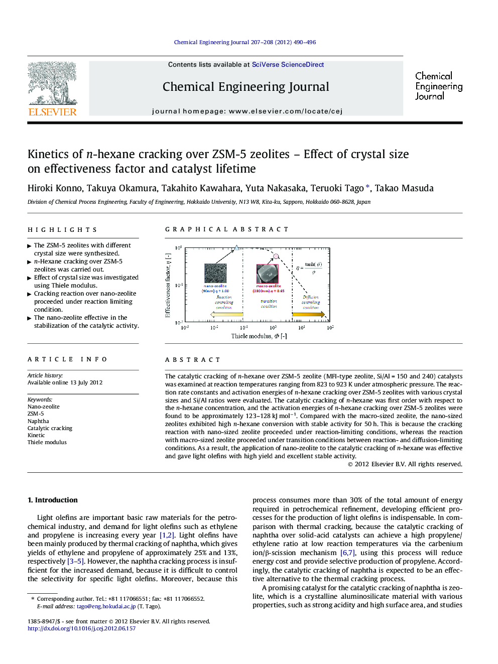 Kinetics of n-hexane cracking over ZSM-5 zeolites – Effect of crystal size on effectiveness factor and catalyst lifetime