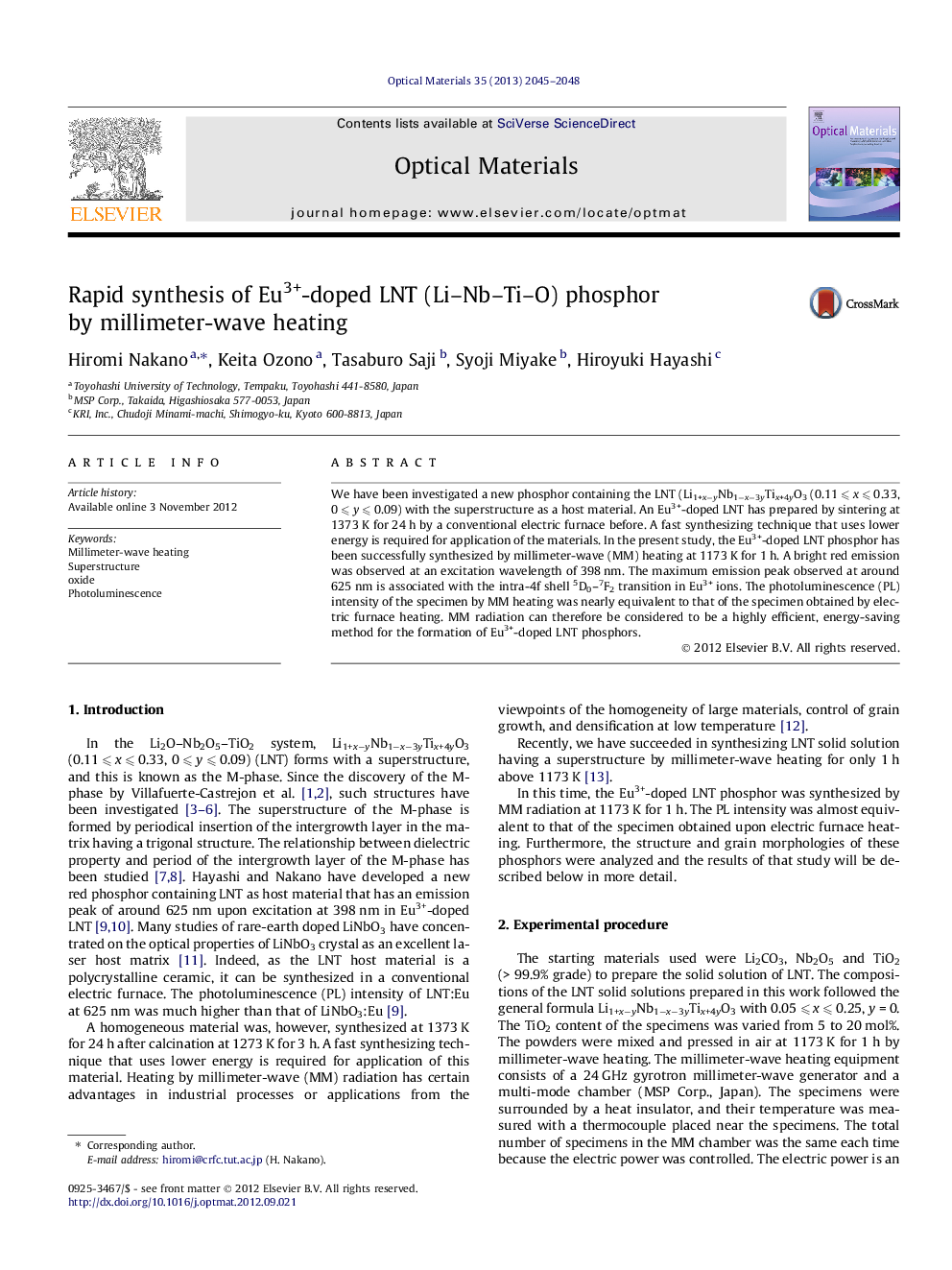 عکس صفحه اول مقاله: Rapid synthesis of Eu3+-doped LNT (Li–Nb–Ti–O) phosphor by millimeter-wave heating Rapid synthesis of Eu3+-doped LNT (Li–Nb–Ti–O) phosphor by millimeter-wave heating
