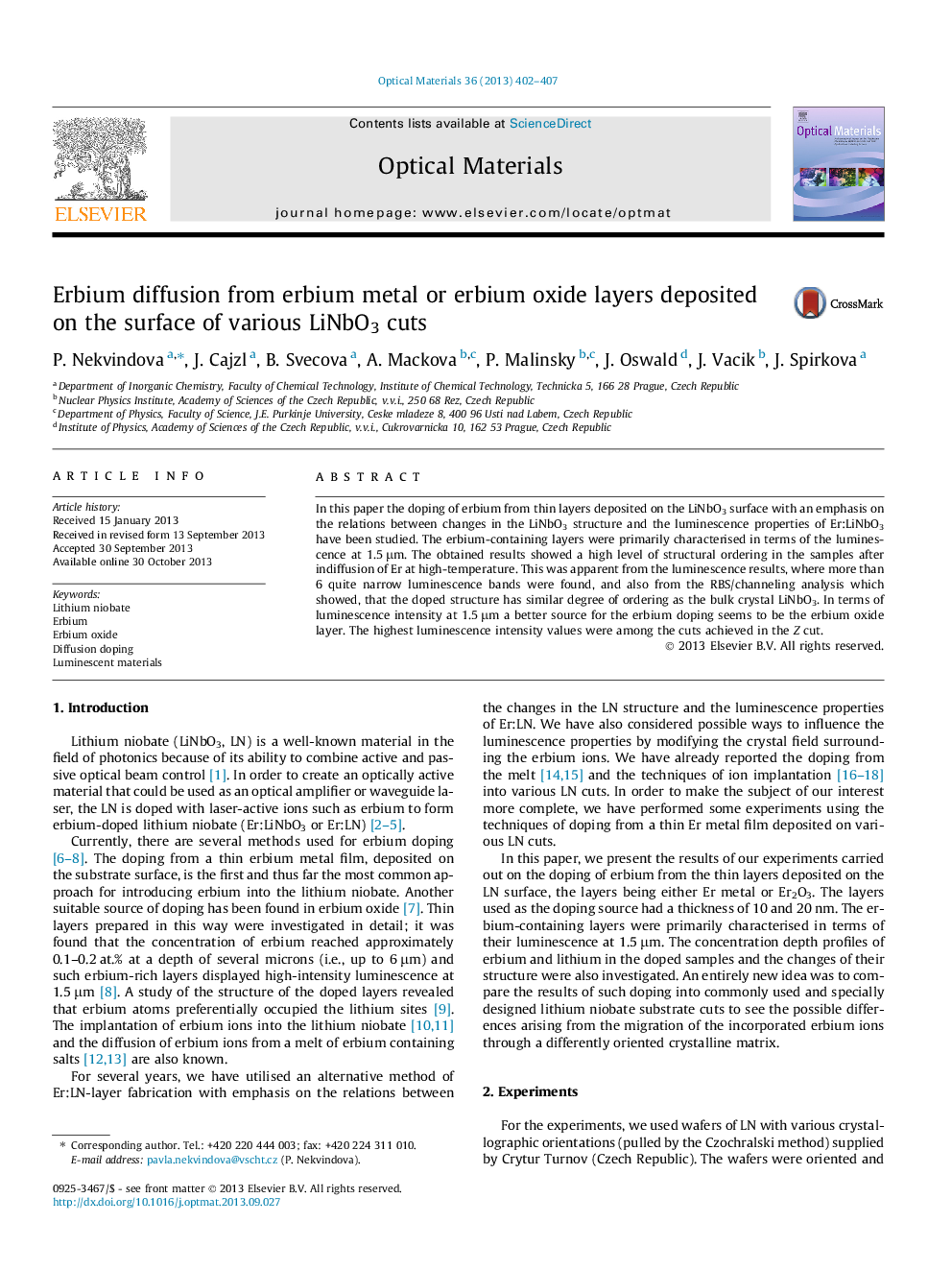 Erbium diffusion from erbium metal or erbium oxide layers deposited on the surface of various LiNbO3 cuts