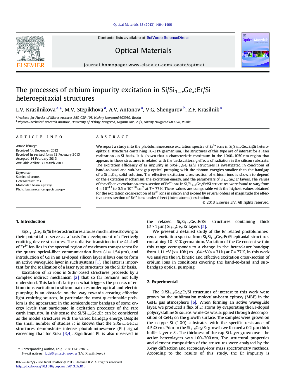 The processes of erbium impurity excitation in Si/Si1âxGex:Er/Si heteroepitaxial structures