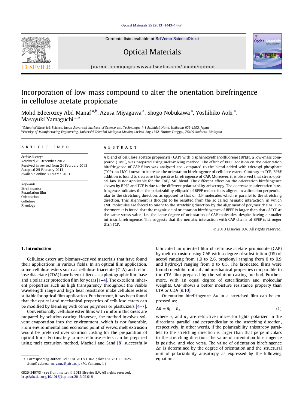 Incorporation of low-mass compound to alter the orientation birefringence in cellulose acetate propionate