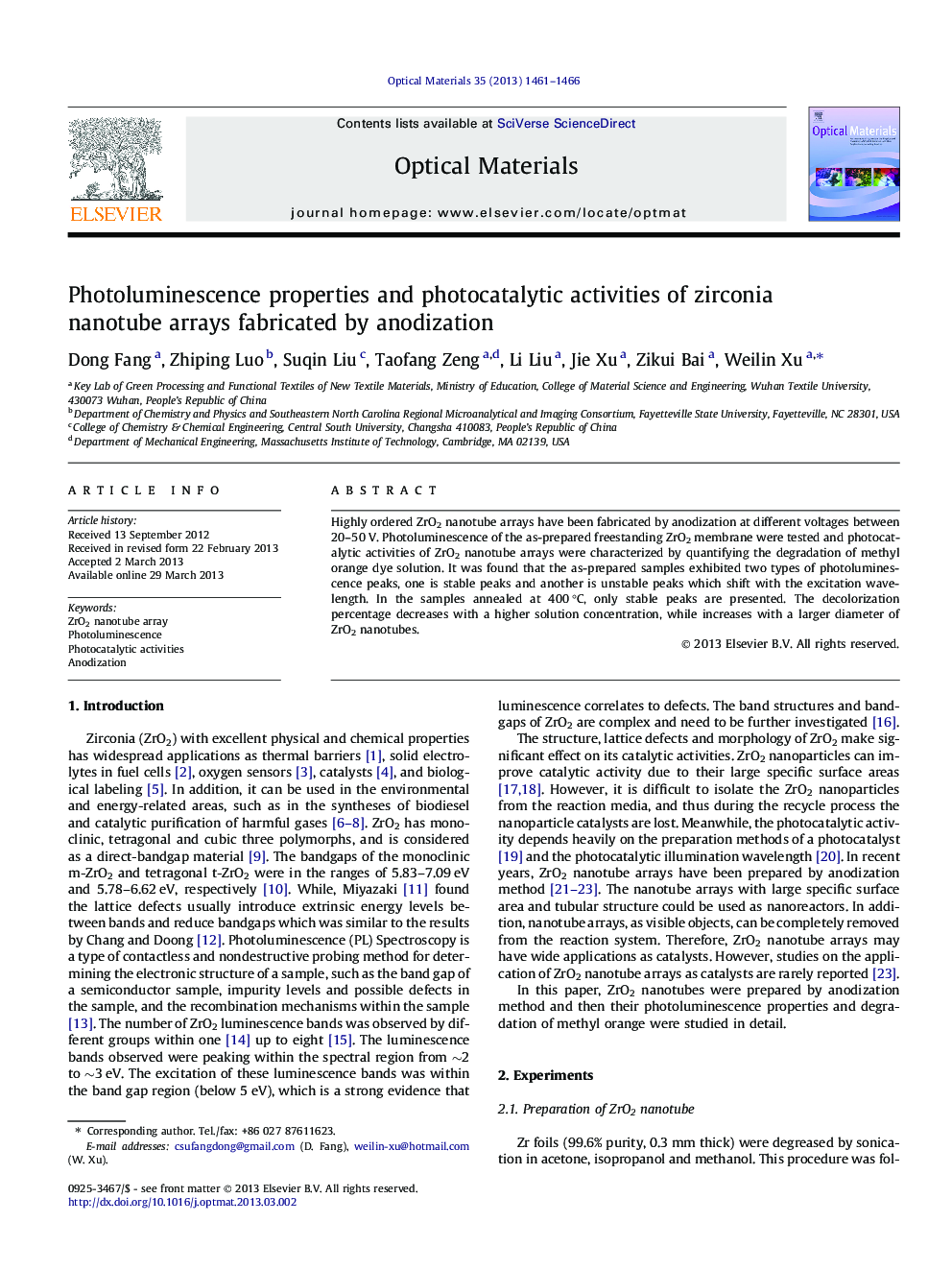 Photoluminescence properties and photocatalytic activities of zirconia nanotube arrays fabricated by anodization