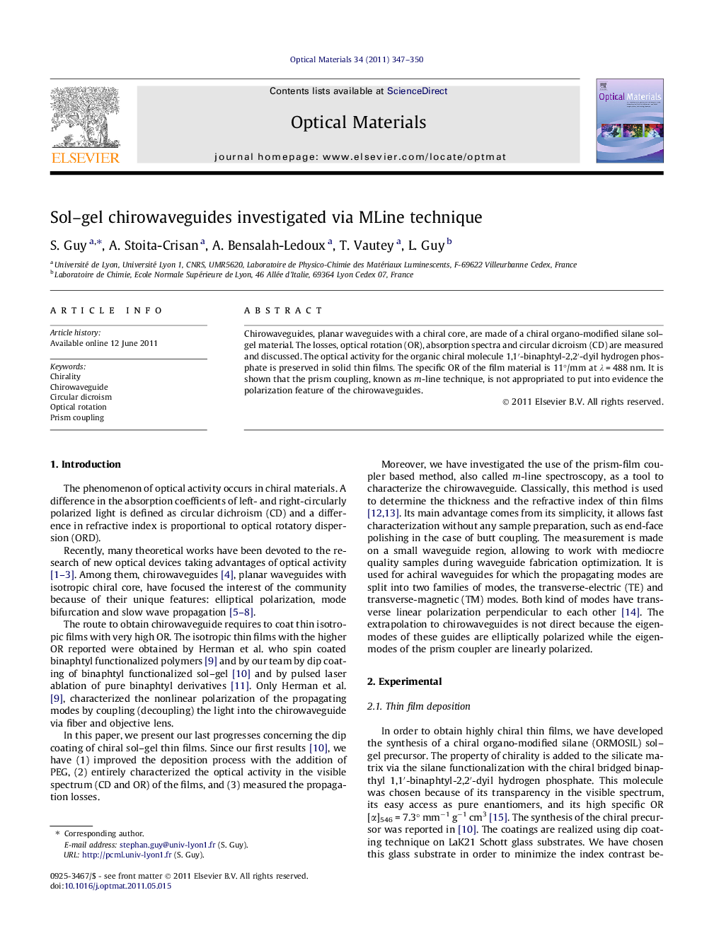 Sol–gel chirowaveguides investigated via MLine technique