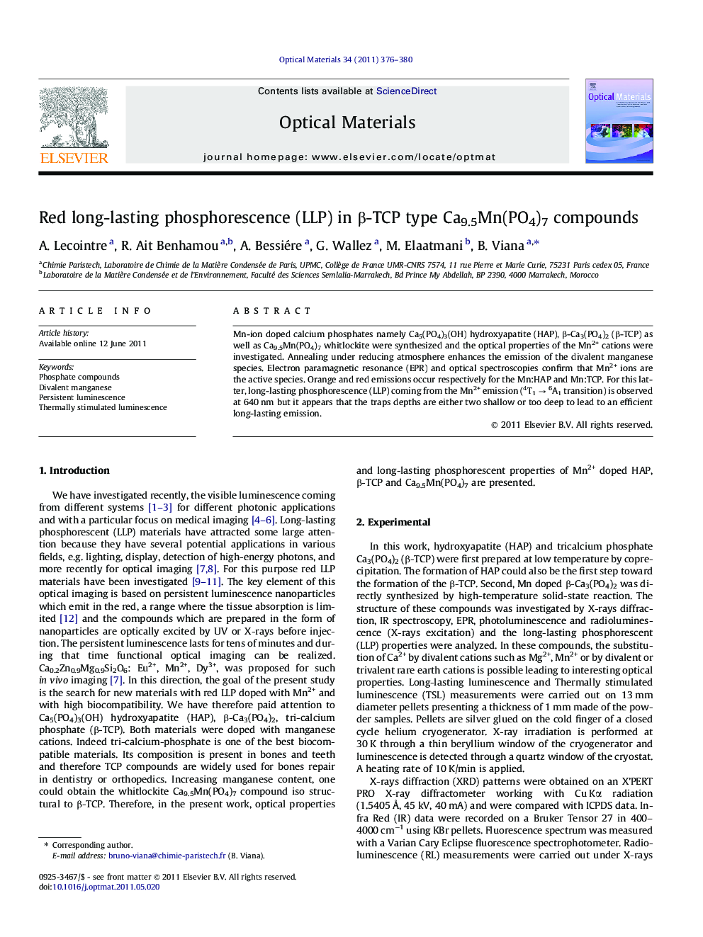 Red long-lasting phosphorescence (LLP) in β-TCP type Ca9.5Mn(PO4)7 compounds