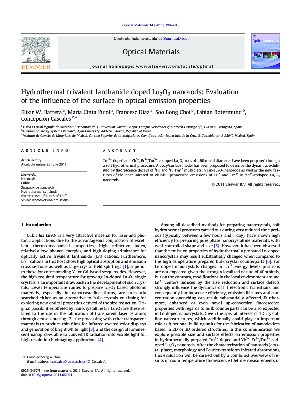 Hydrothermal trivalent lanthanide doped Lu2O3 nanorods: Evaluation of the influence of the surface in optical emission properties