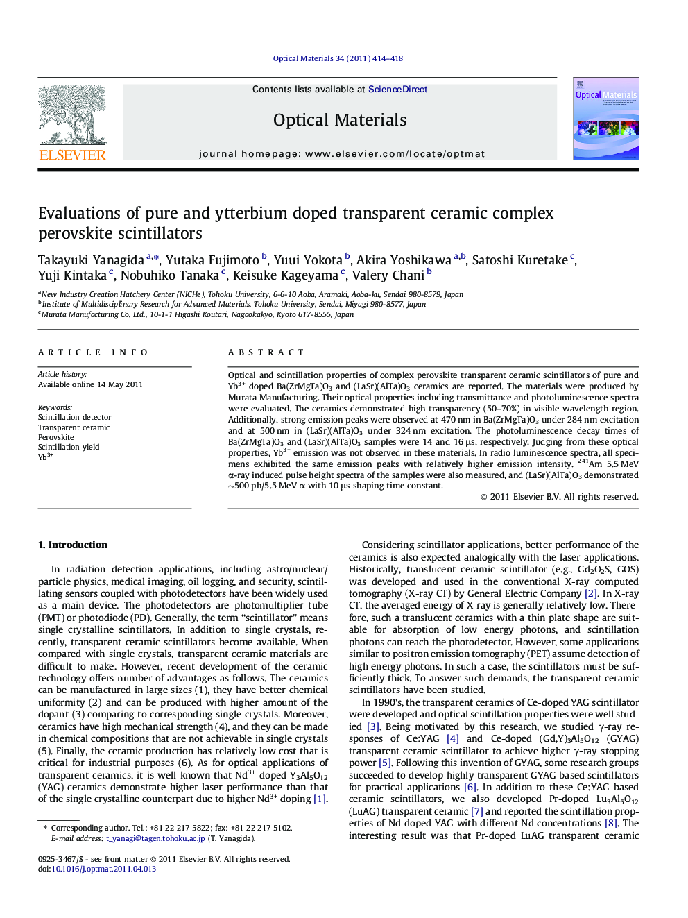 Evaluations of pure and ytterbium doped transparent ceramic complex perovskite scintillators
