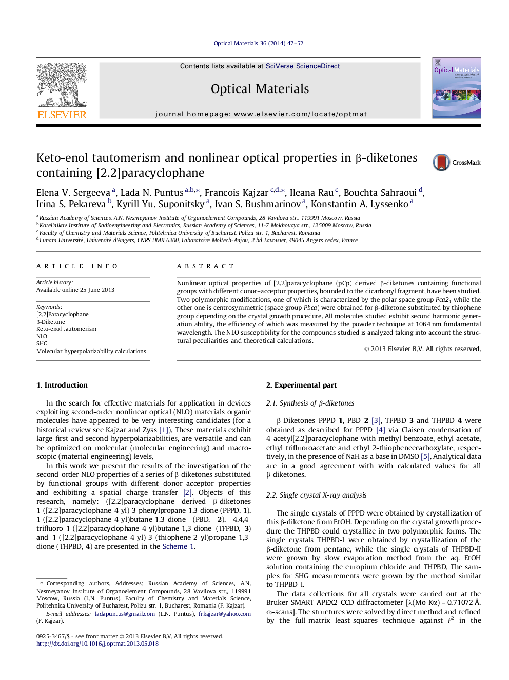 Keto-enol tautomerism and nonlinear optical properties in Î²-diketones containing [2.2]paracyclophane