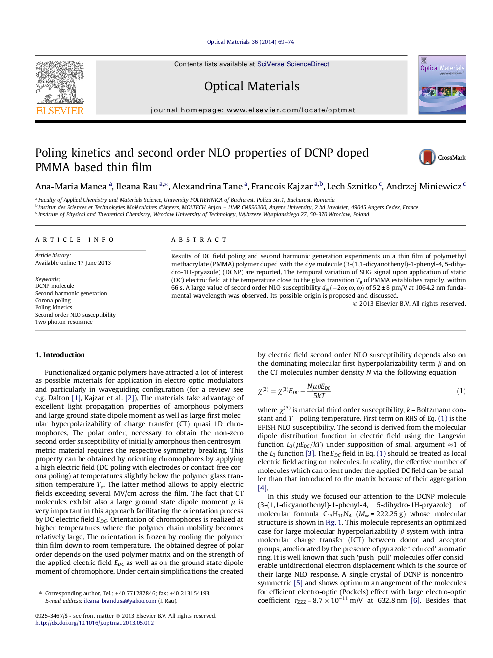 عکس صفحه اول مقاله: Poling kinetics and second order NLO properties of DCNP doped PMMA based thin film Poling kinetics and second order NLO properties of DCNP doped PMMA based thin film