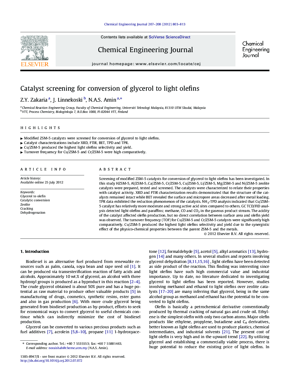 عکس صفحه اول مقاله: Catalyst screening for conversion of glycerol to light olefins Catalyst screening for conversion of glycerol to light olefins