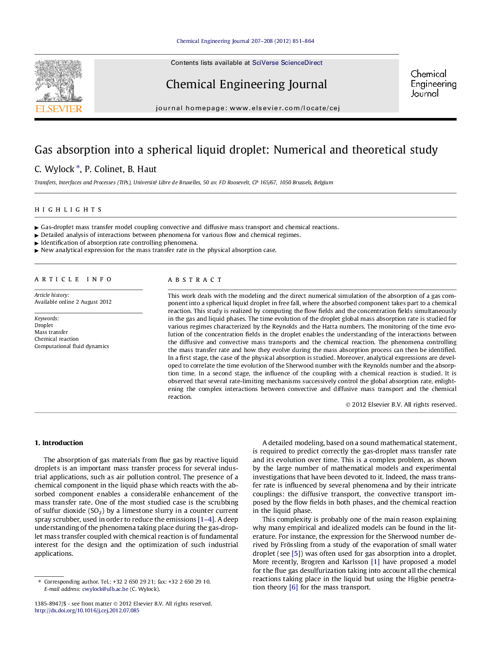 Gas absorption into a spherical liquid droplet: Numerical and theoretical study