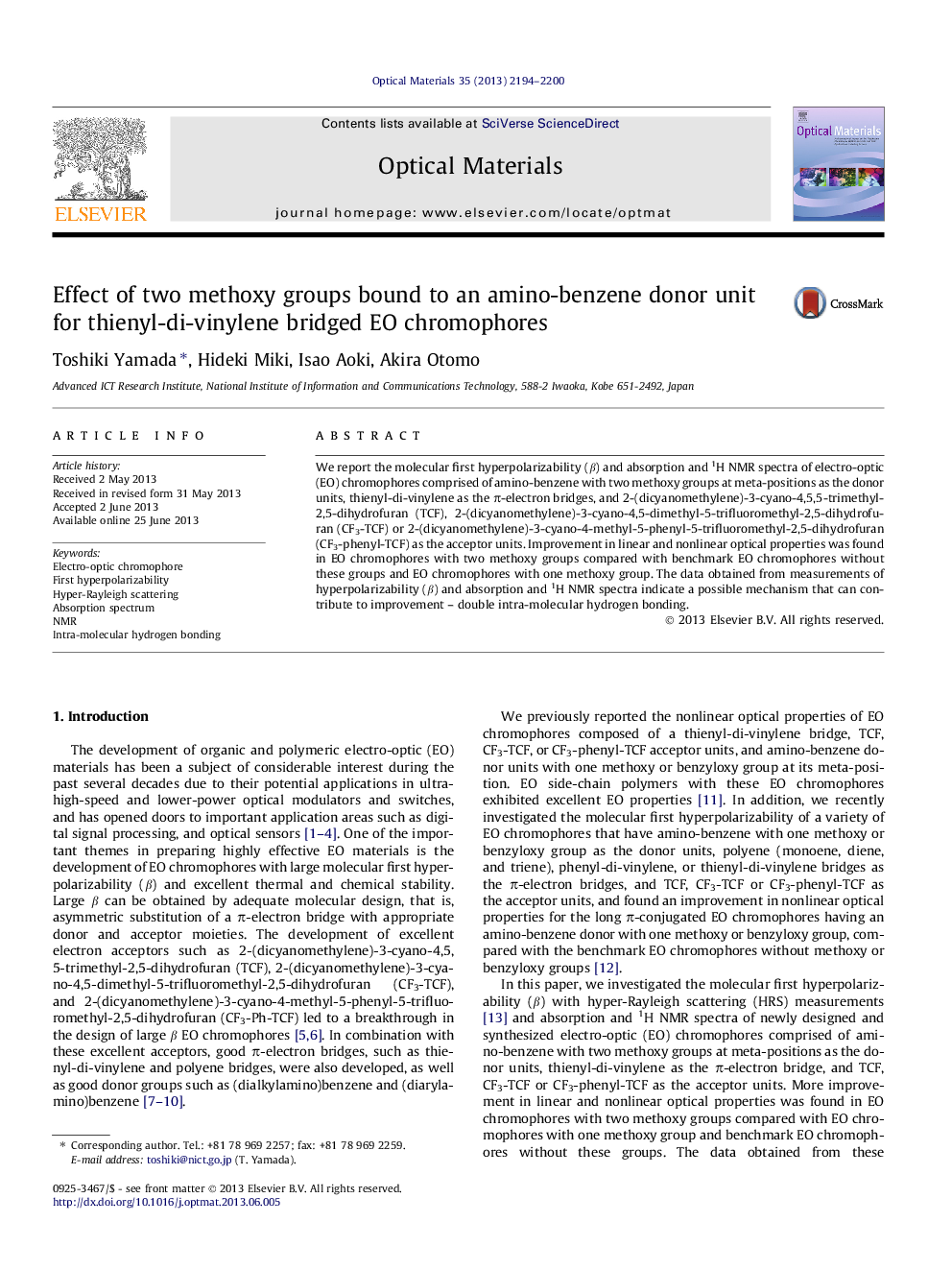 Effect of two methoxy groups bound to an amino-benzene donor unit for thienyl-di-vinylene bridged EO chromophores