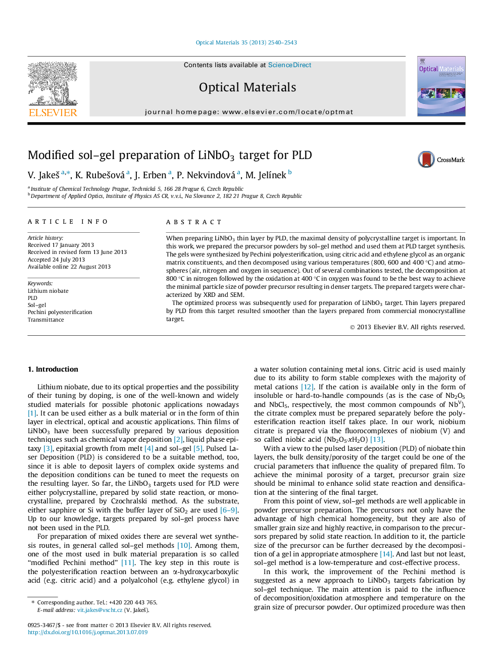 Modified sol–gel preparation of LiNbO3 target for PLD