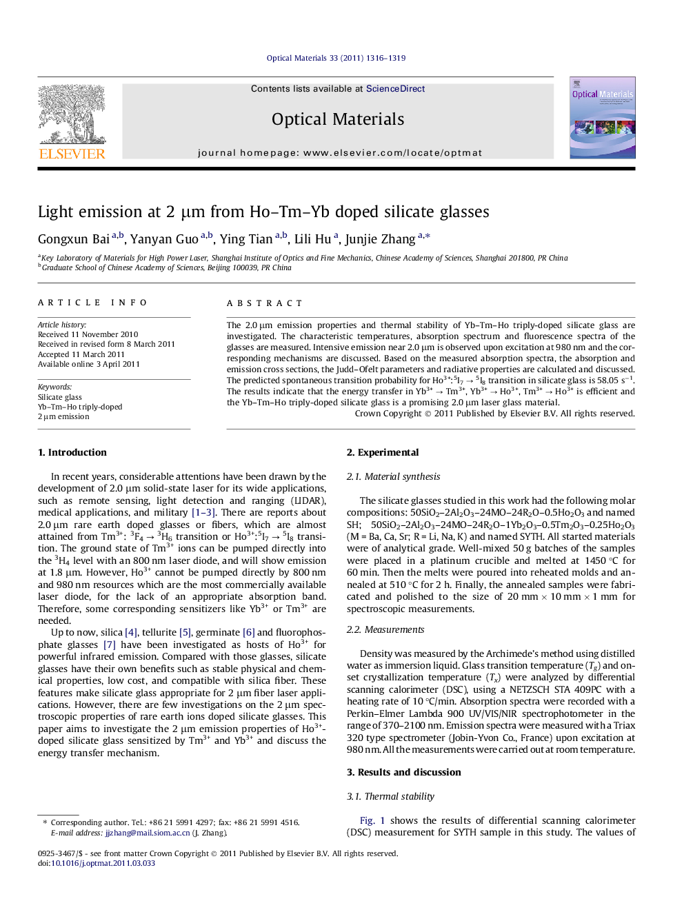 Light emission at 2 μm from Ho–Tm–Yb doped silicate glasses
