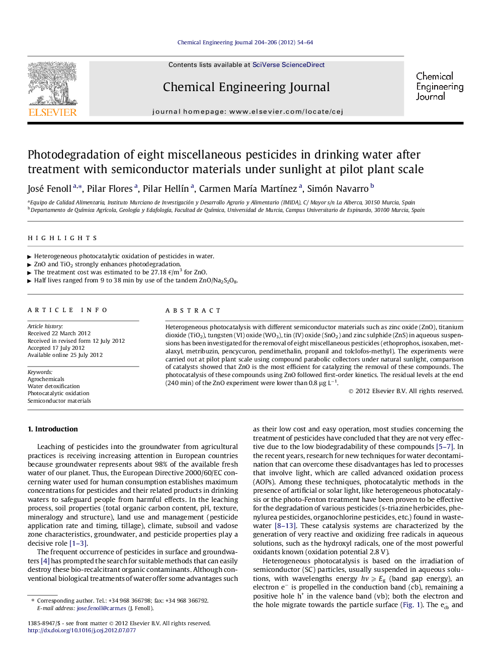 Photodegradation of eight miscellaneous pesticides in drinking water after treatment with semiconductor materials under sunlight at pilot plant scale