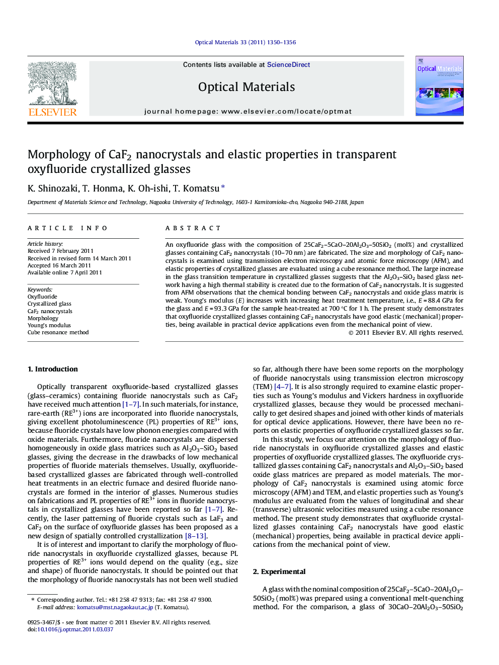 Morphology of CaF2 nanocrystals and elastic properties in transparent oxyfluoride crystallized glasses