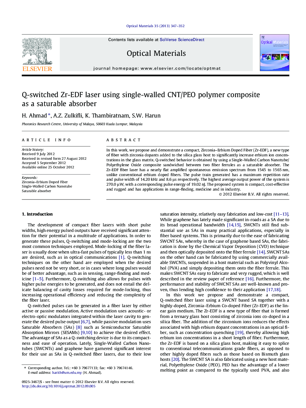 Q-switched Zr-EDF laser using single-walled CNT/PEO polymer composite as a saturable absorber