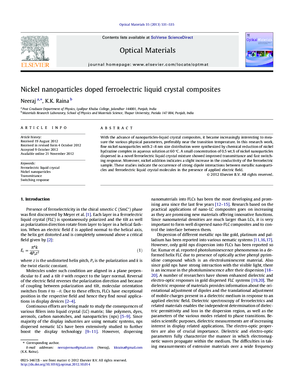 Nickel nanoparticles doped ferroelectric liquid crystal composites