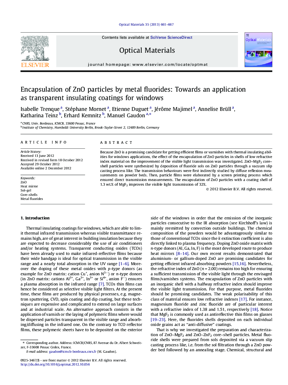 Encapsulation of ZnO particles by metal fluorides: Towards an application as transparent insulating coatings for windows