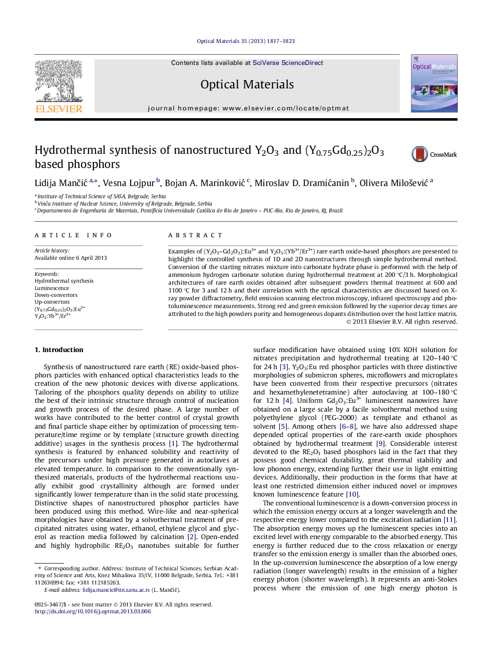 Hydrothermal synthesis of nanostructured Y2O3 and (Y0.75Gd0.25)2O3 based phosphors