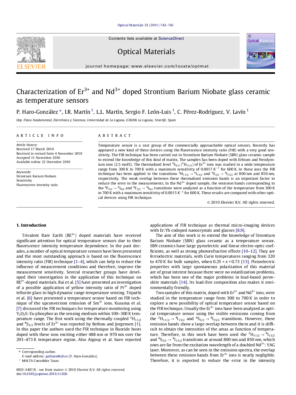 Characterization of Er3+ and Nd3+ doped Strontium Barium Niobate glass ceramic as temperature sensors