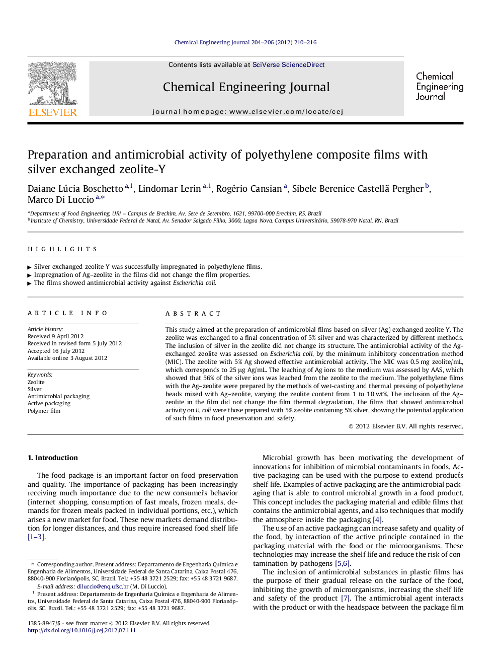 عکس صفحه اول مقاله: Preparation and antimicrobial activity of polyethylene composite films with silver exchanged zeolite-Y Preparation and antimicrobial activity of polyethylene composite films with silver exchanged zeolite-Y