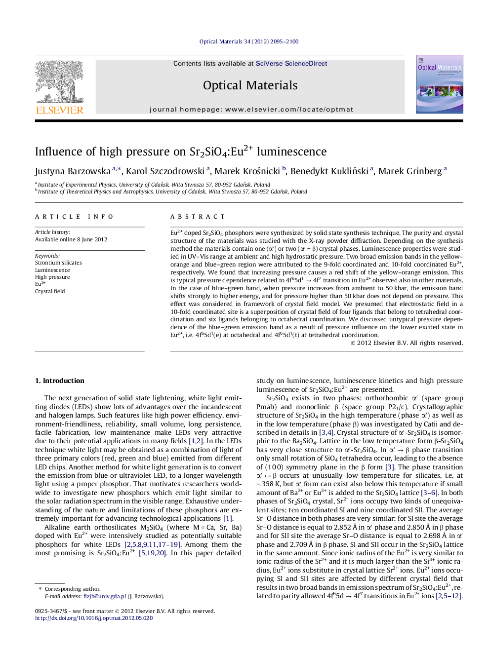 Influence of high pressure on Sr2SiO4:Eu2+ luminescence