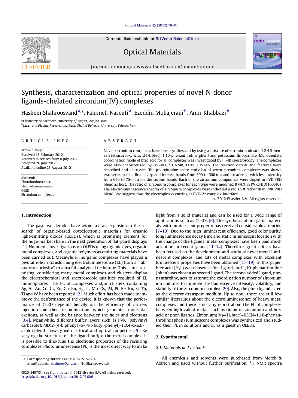 Synthesis, characterization and optical properties of novel N donor ligands-chelated zirconium(IV) complexes