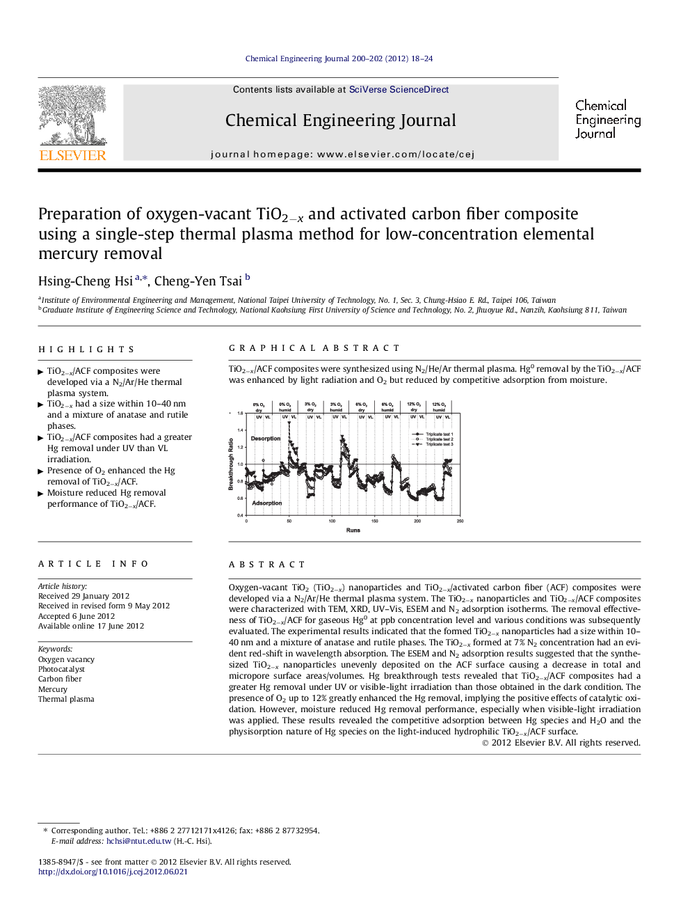 Preparation of oxygen-vacant TiO2−x and activated carbon fiber composite using a single-step thermal plasma method for low-concentration elemental mercury removal