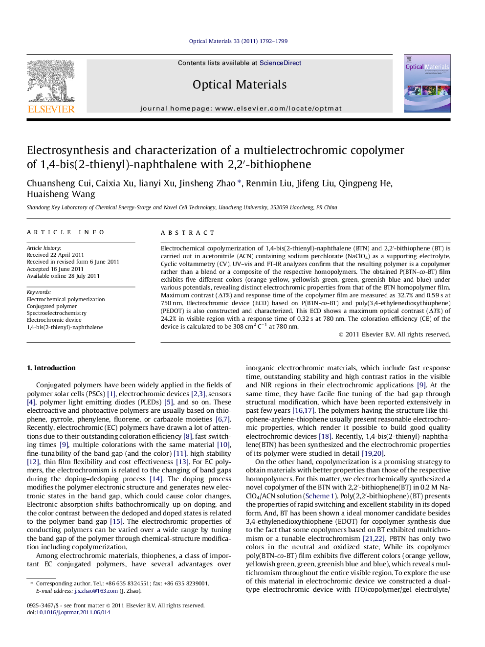 Electrosynthesis and characterization of a multielectrochromic copolymer of 1,4-bis(2-thienyl)-naphthalene with 2,2â²-bithiophene