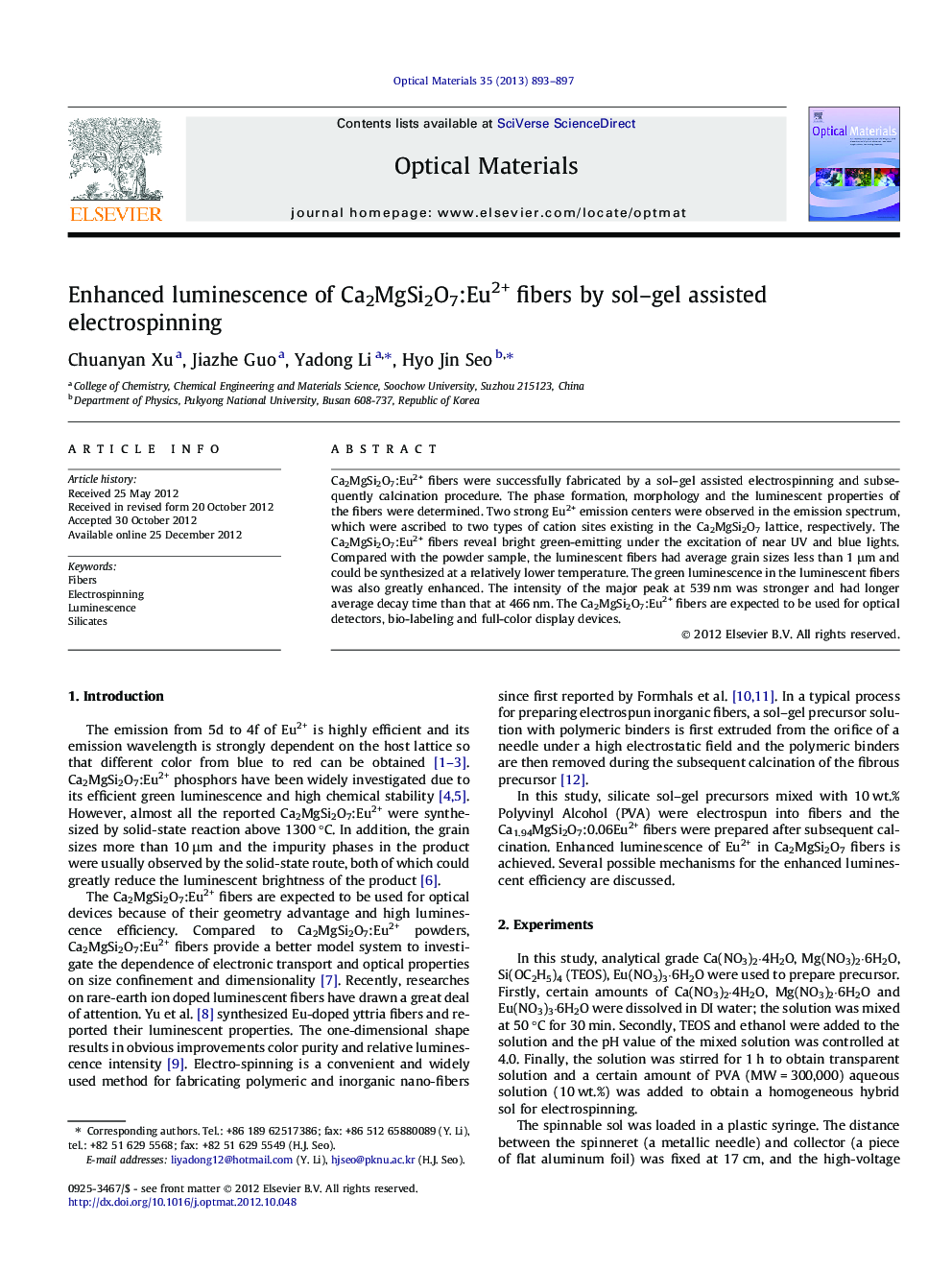 Enhanced luminescence of Ca2MgSi2O7:Eu2+ fibers by sol–gel assisted electrospinning