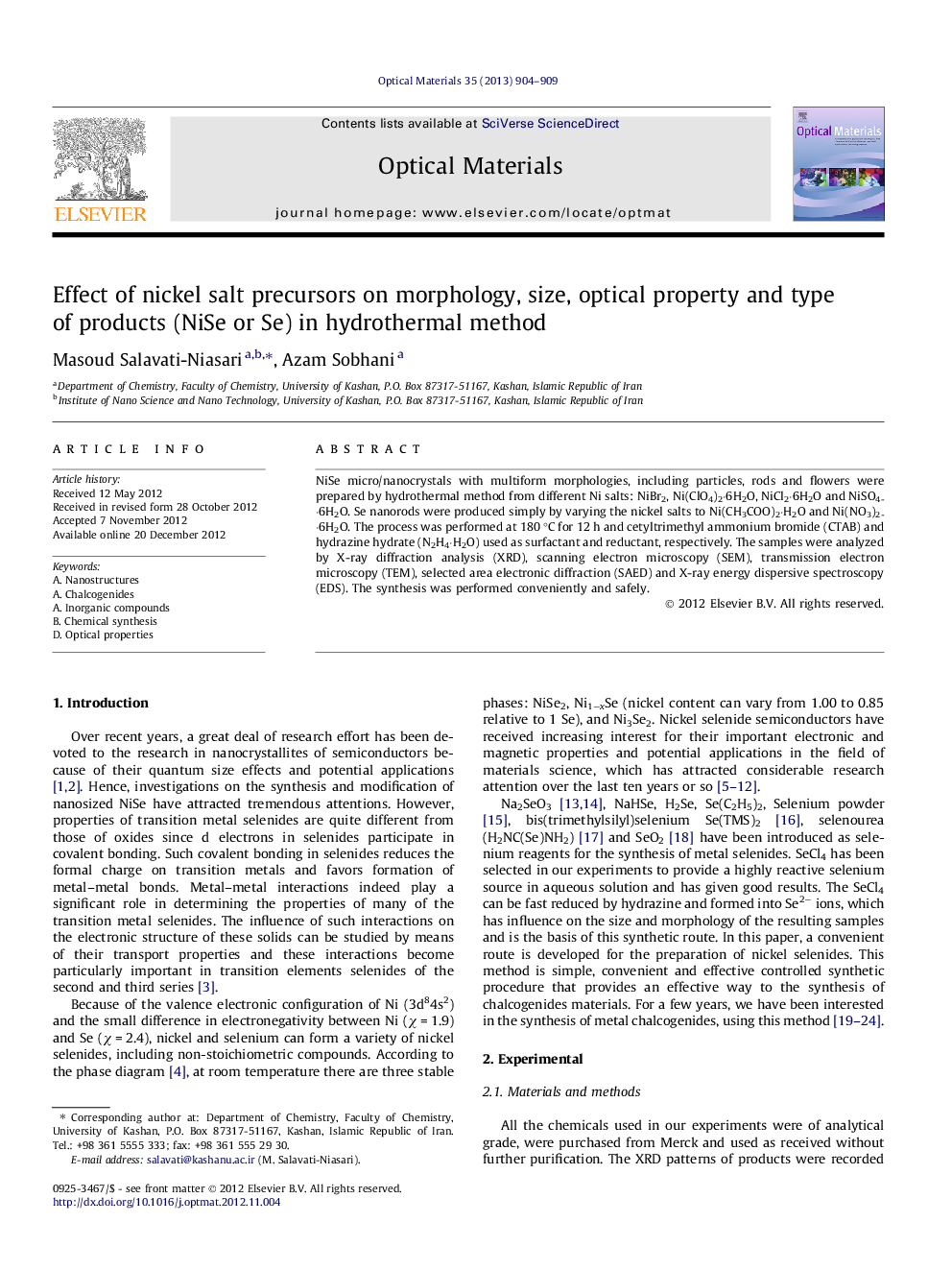 Effect of nickel salt precursors on morphology, size, optical property and type of products (NiSe or Se) in hydrothermal method