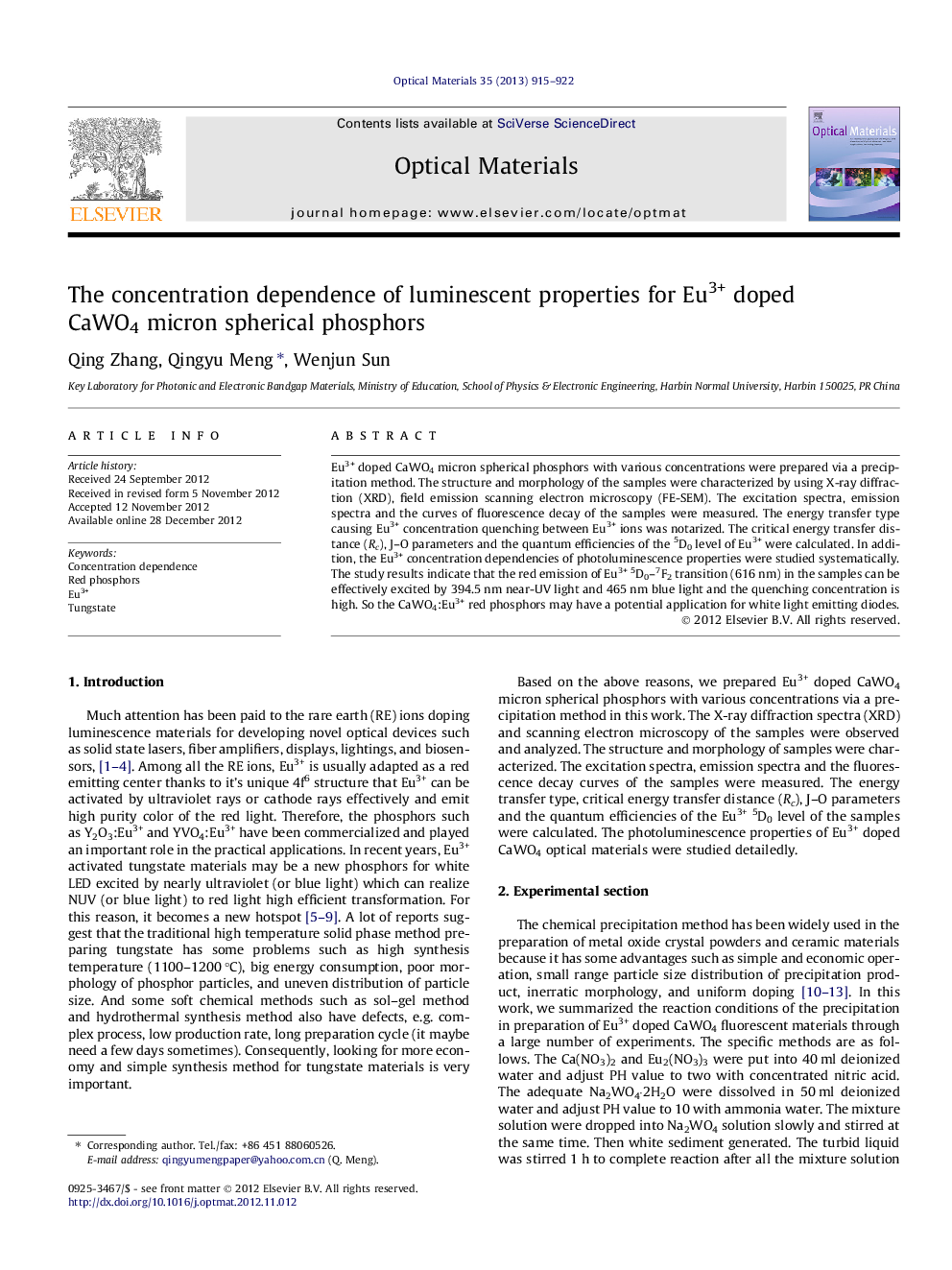 عکس صفحه اول مقاله: The concentration dependence of luminescent properties for Eu3+ doped CaWO4 micron spherical phosphors The concentration dependence of luminescent properties for Eu3+ doped CaWO4 micron spherical phosphors