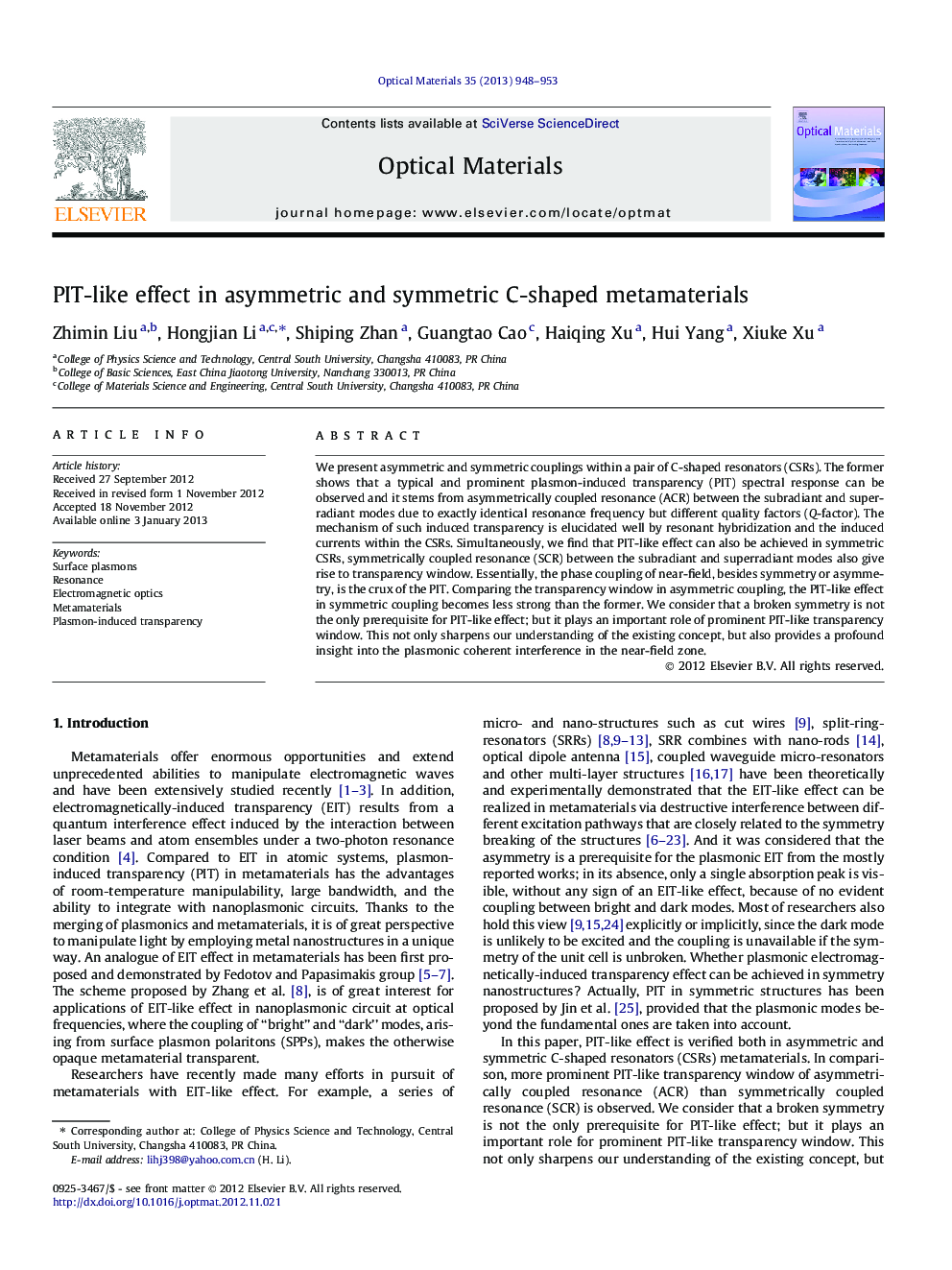 PIT-like effect in asymmetric and symmetric C-shaped metamaterials