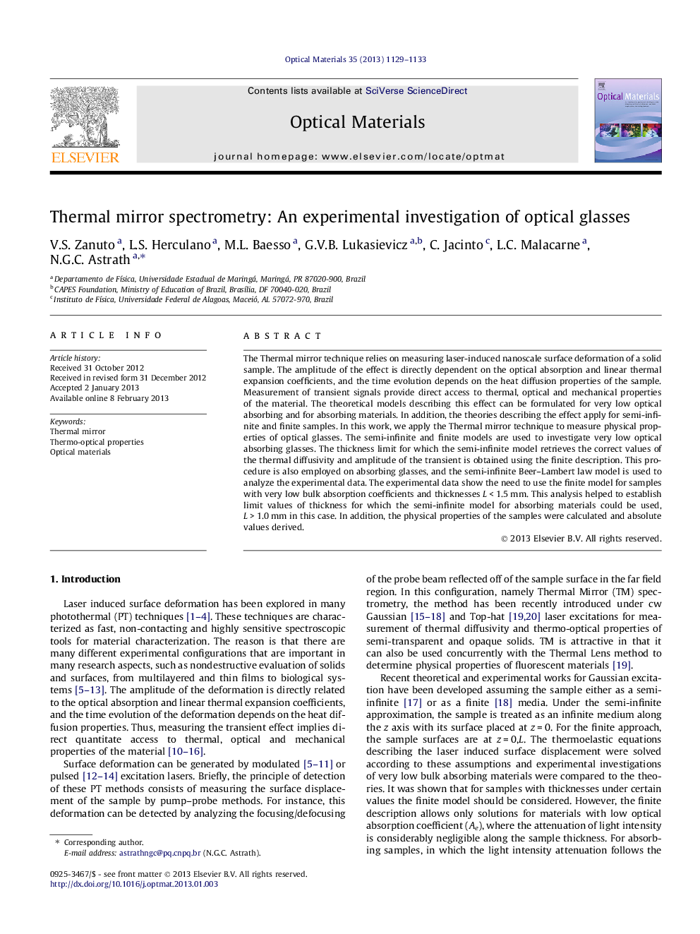 Thermal mirror spectrometry: An experimental investigation of optical glasses