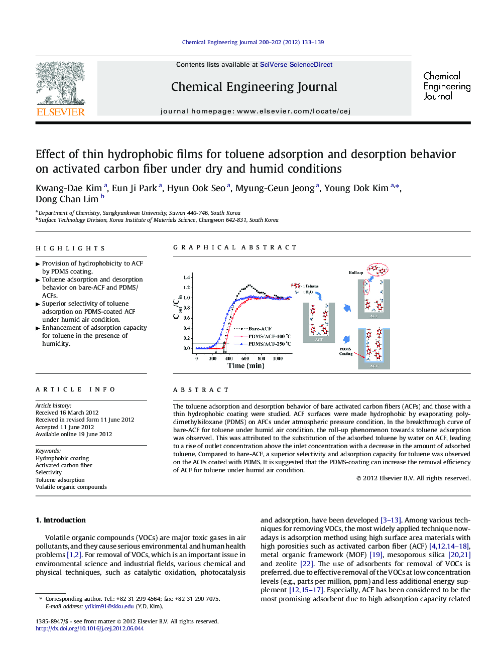 عکس صفحه اول مقاله: Effect of thin hydrophobic films for toluene adsorption and desorption behavior on activated carbon fiber under dry and humid conditions Effect of thin hydrophobic films for toluene adsorption and desorption behavior on activated carbon fiber under dry and humid conditions