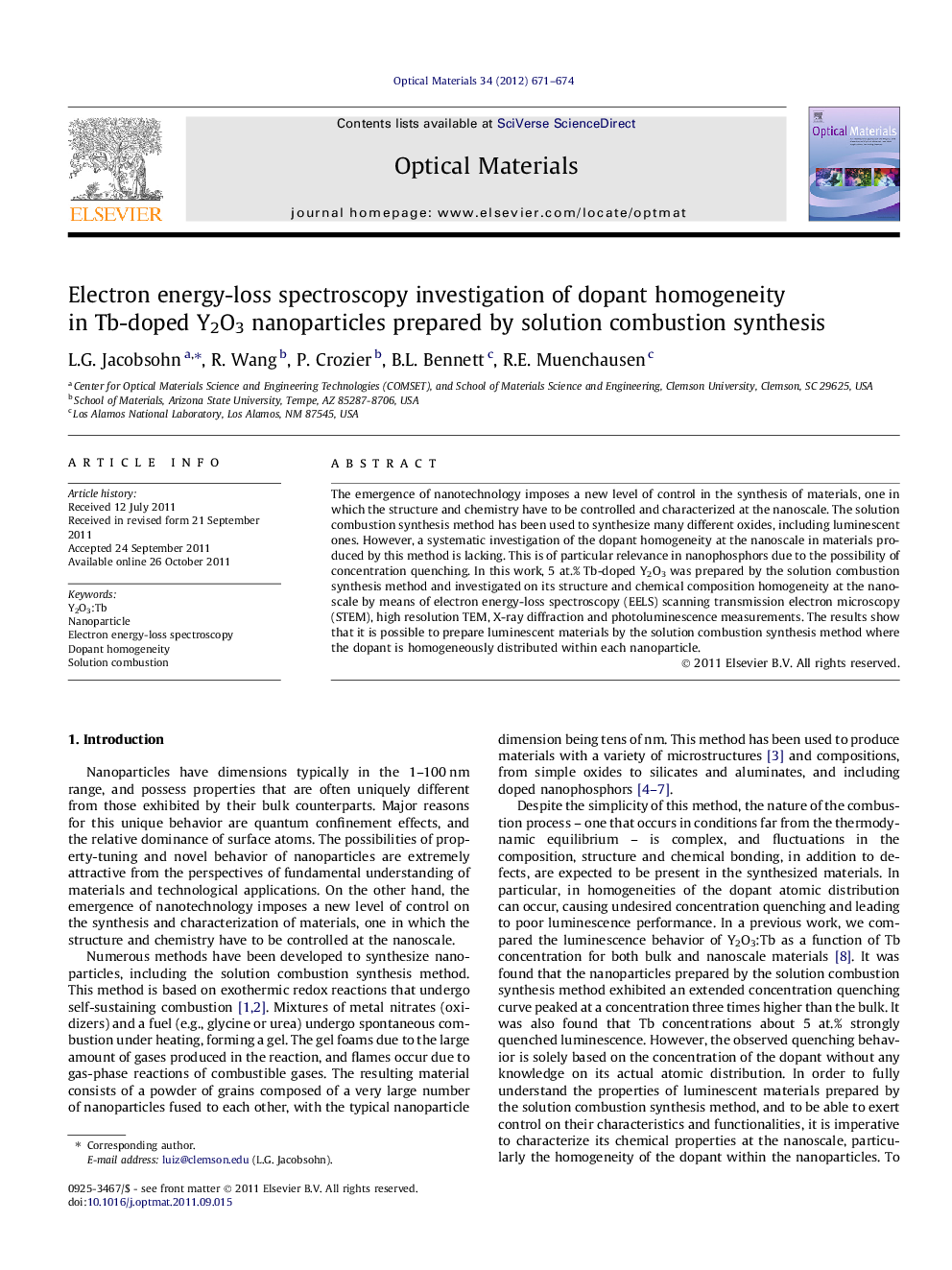 Electron energy-loss spectroscopy investigation of dopant homogeneity in Tb-doped Y2O3 nanoparticles prepared by solution combustion synthesis