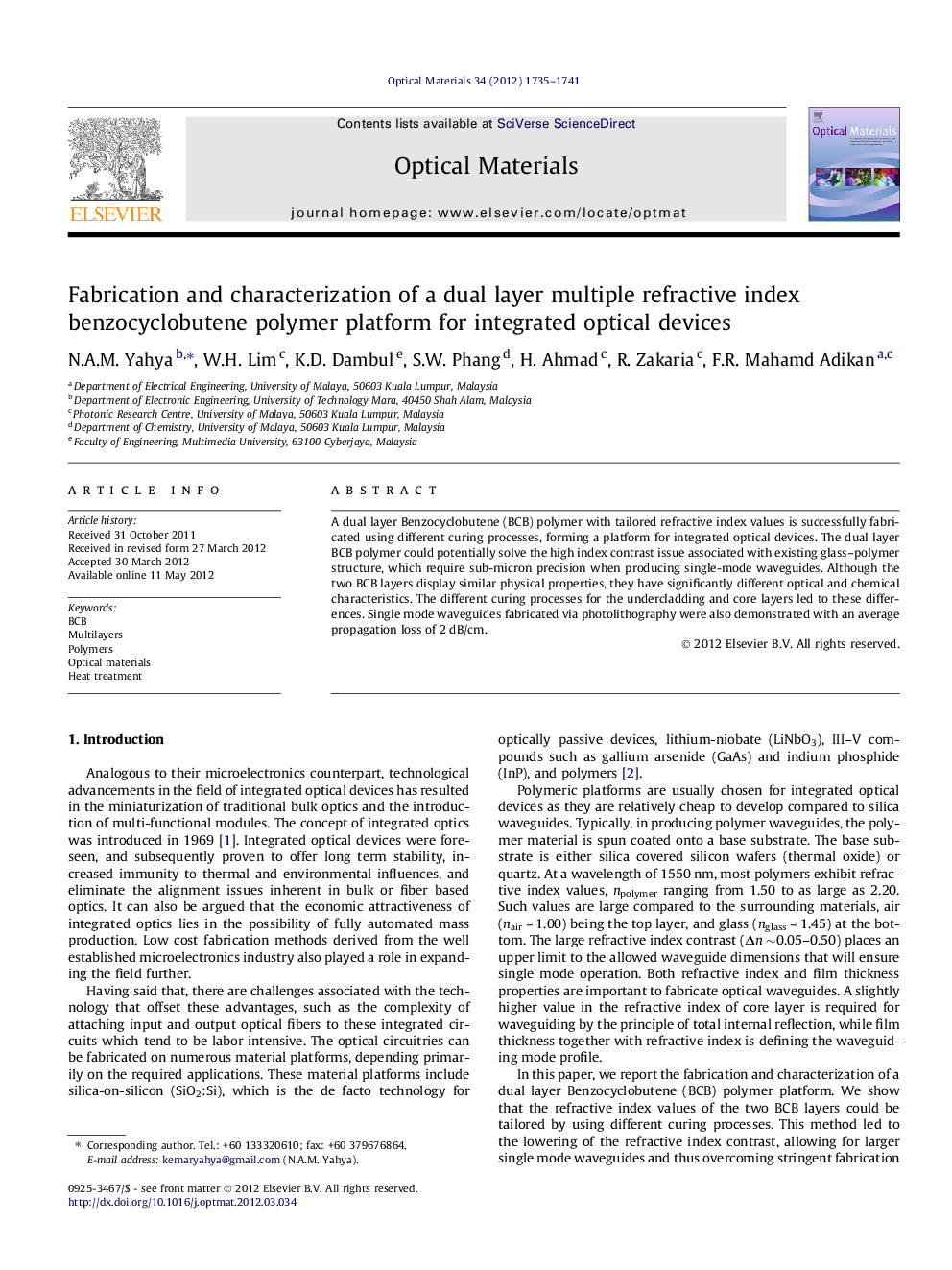 Fabrication and characterization of a dual layer multiple refractive index benzocyclobutene polymer platform for integrated optical devices