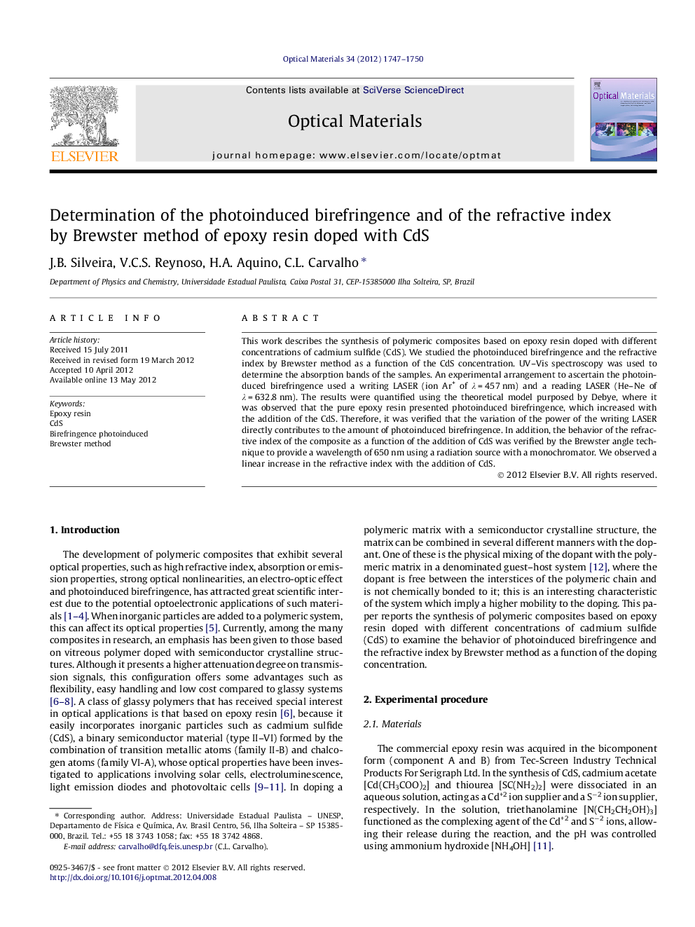 Determination of the photoinduced birefringence and of the refractive index by Brewster method of epoxy resin doped with CdS