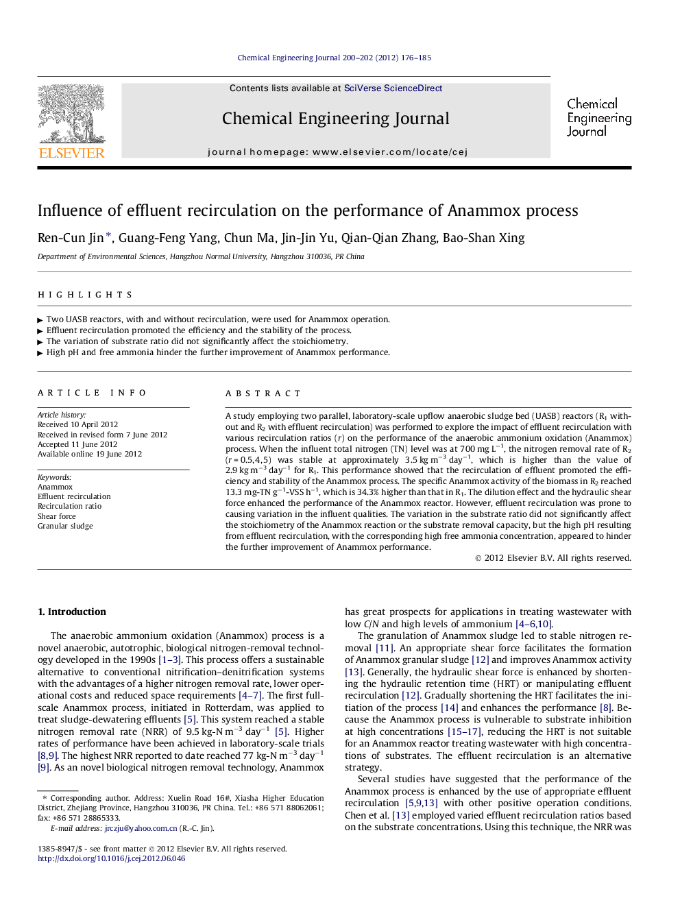 Influence of effluent recirculation on the performance of Anammox process