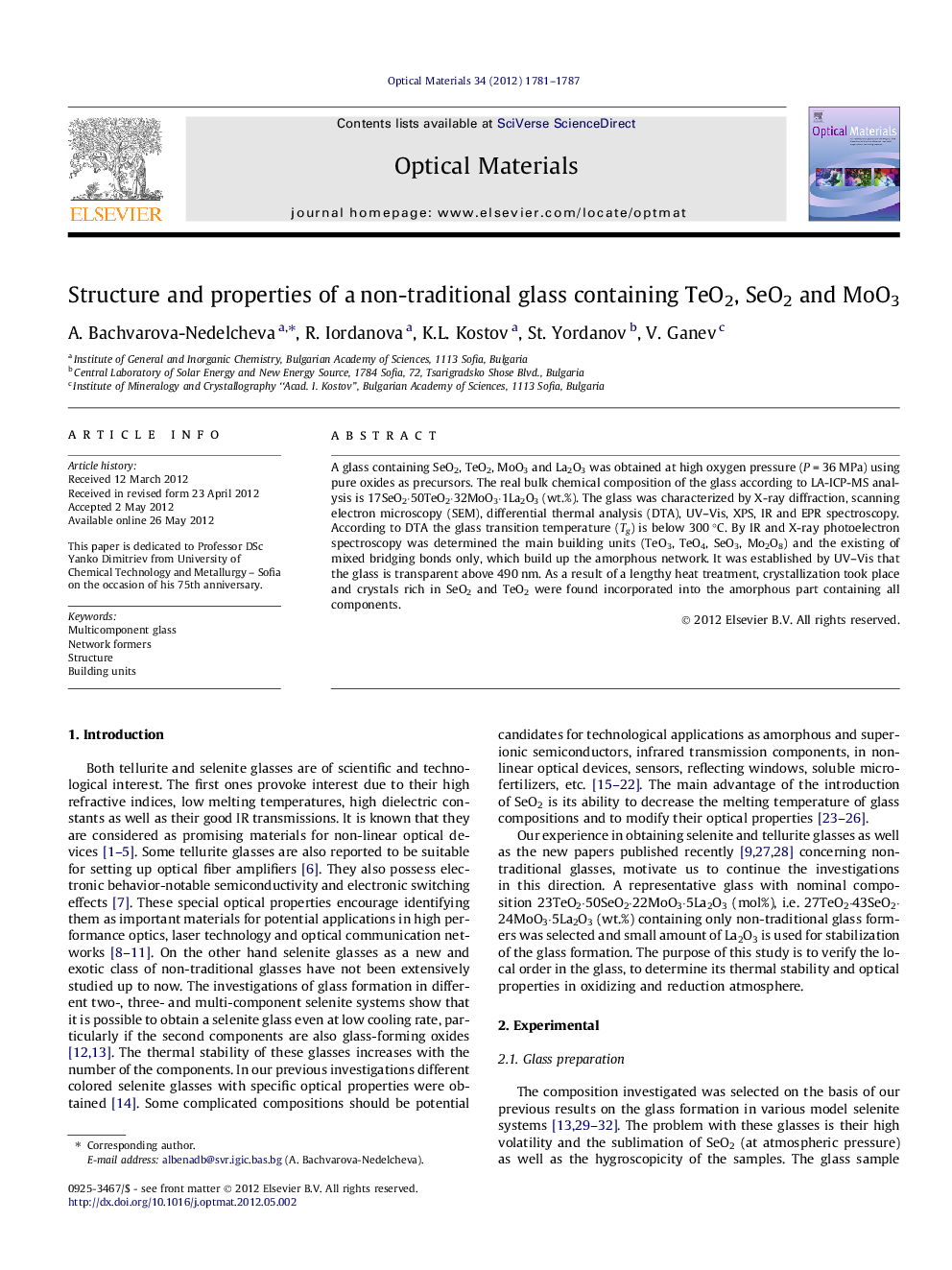 Structure and properties of a non-traditional glass containing TeO2, SeO2 and MoO3