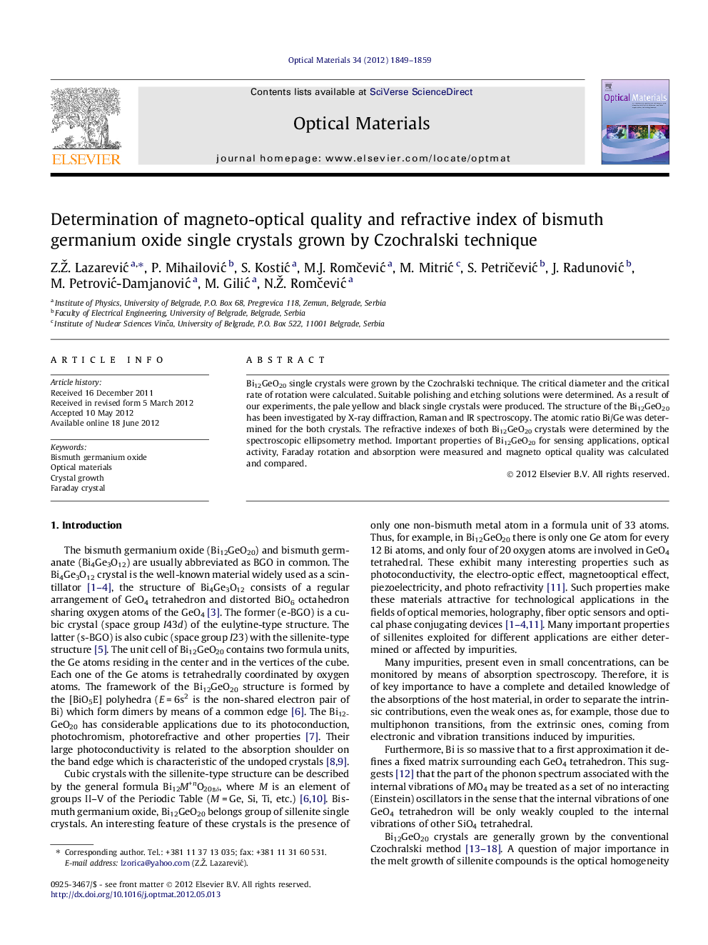 Determination of magneto-optical quality and refractive index of bismuth germanium oxide single crystals grown by Czochralski technique